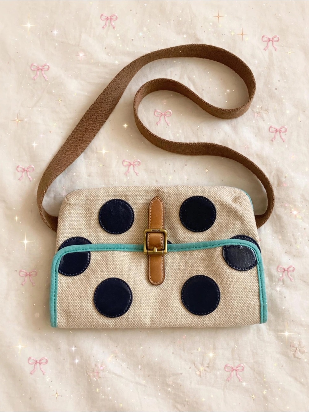 💕Fossil🩵Canvas Polka Dot Crossbody Bag with Leather Trim